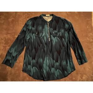 Bulotus Women's Zip Up Sleeve Round Neck Casual Blue Green Tunic Size 3XL